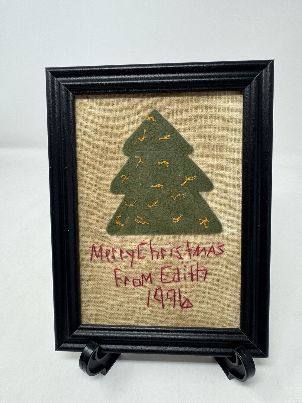 Vintage Edith Anne Hand Stitched Design Folk Art Christmas Tree Framed 1996 Sign